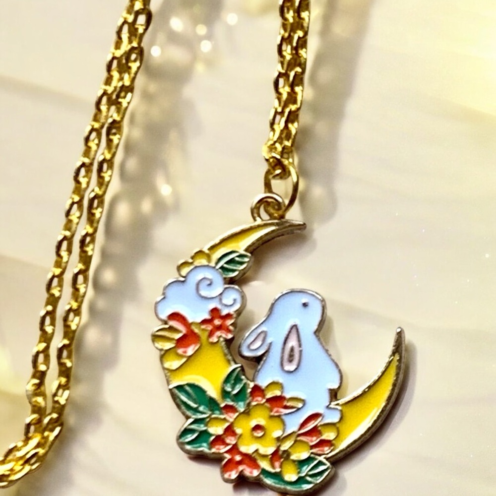 Rabbit Gold Chain with Enamel Moon and Pendant NWT Easter